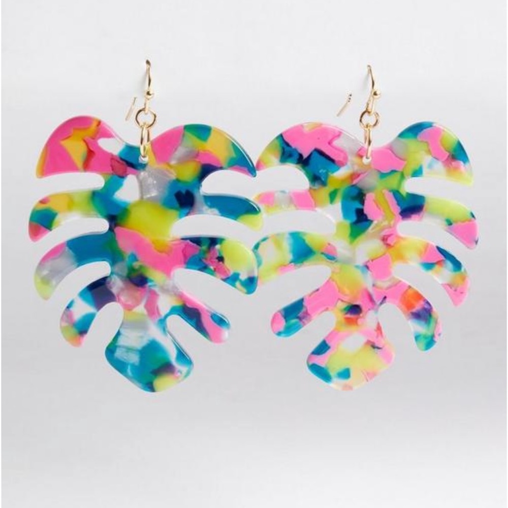 Marbled Resin Palm Leaf Earring - Gold Tone